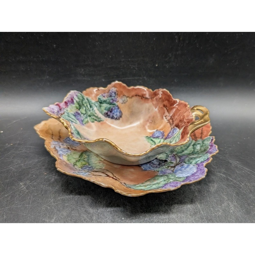 Antique MZ Austria Hand Painted Blackberry Porcelain Sauce Bowl and Underplate